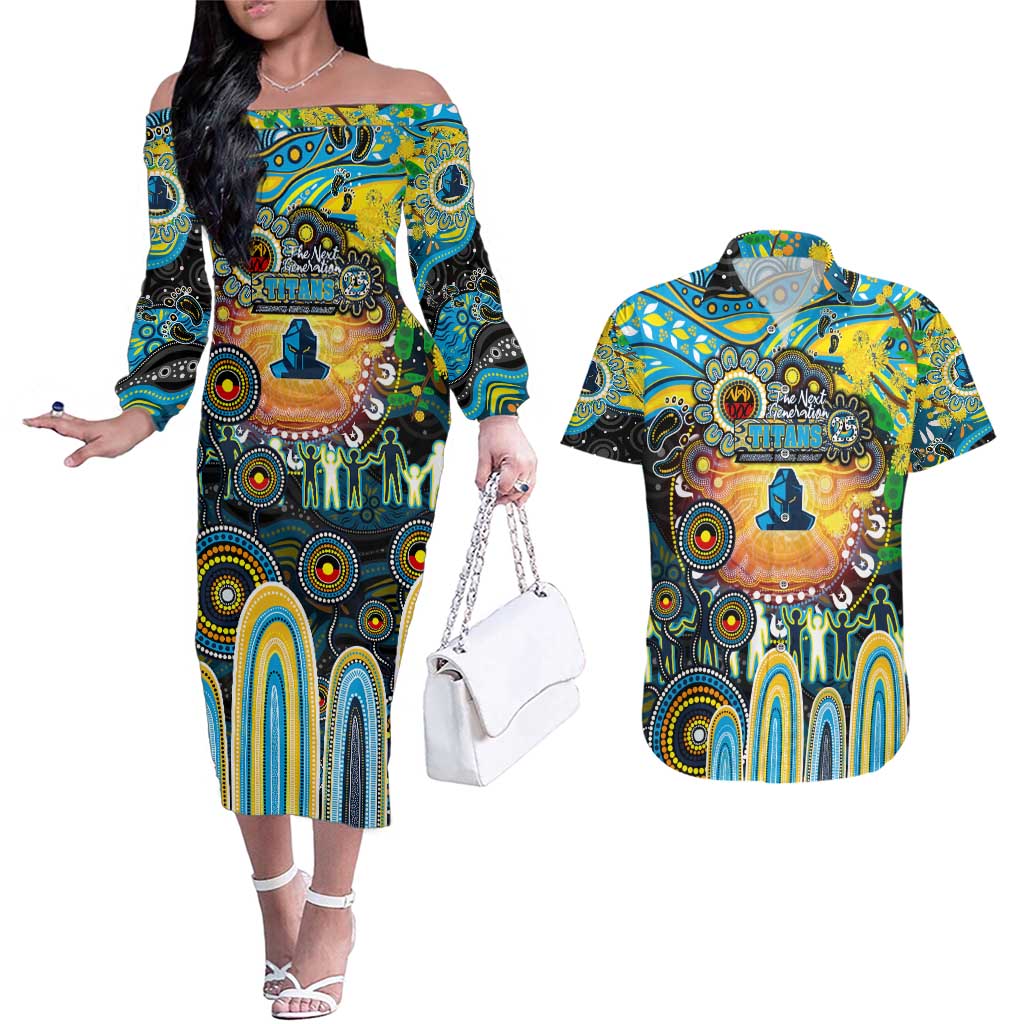 Personalised NAIDOC Week 2025 Titans Rugby Couples Matching Off The Shoulder Long Sleeve Dress and Hawaiian Shirt Aboriginal Dot Painting