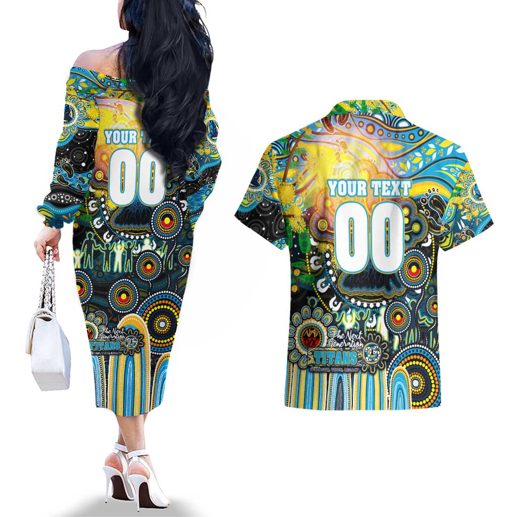 Personalised NAIDOC Week 2025 Titans Rugby Couples Matching Off The Shoulder Long Sleeve Dress and Hawaiian Shirt Aboriginal Dot Painting