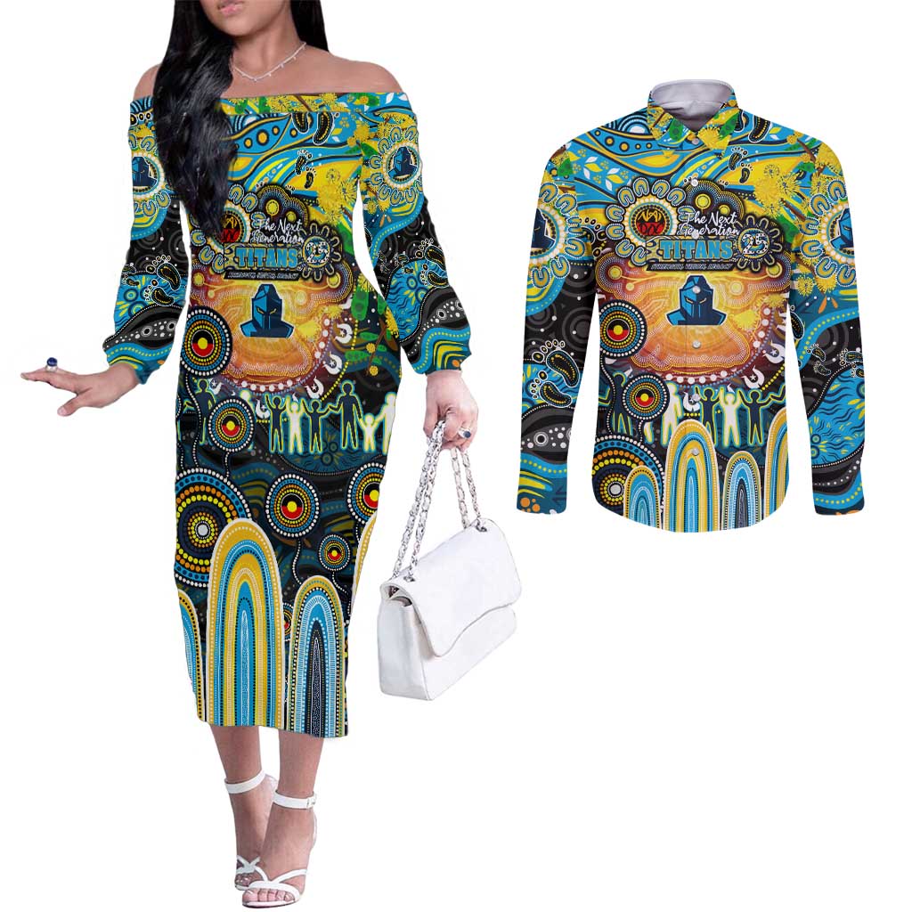 Personalised NAIDOC Week 2025 Titans Rugby Couples Matching Off The Shoulder Long Sleeve Dress and Long Sleeve Button Shirt Aboriginal Dot Painting