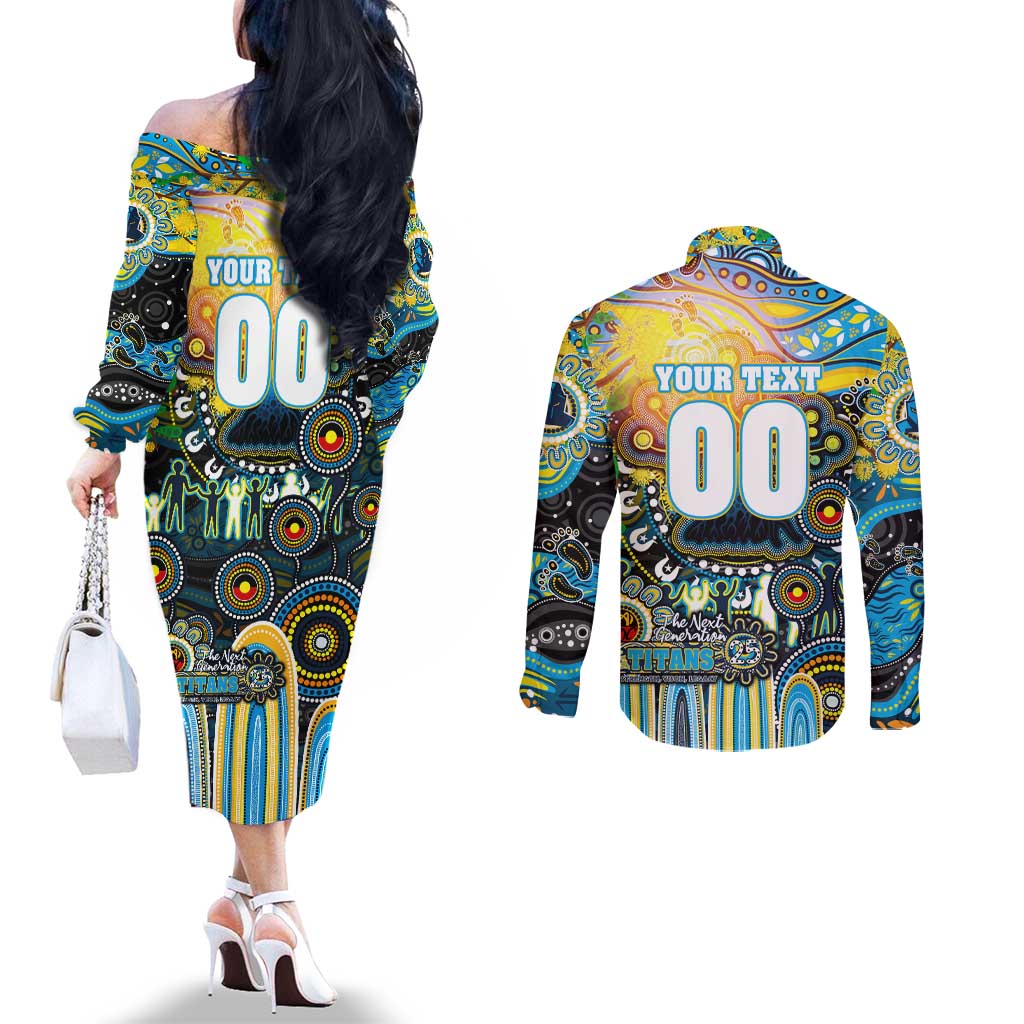 Personalised NAIDOC Week 2025 Titans Rugby Couples Matching Off The Shoulder Long Sleeve Dress and Long Sleeve Button Shirt Aboriginal Dot Painting