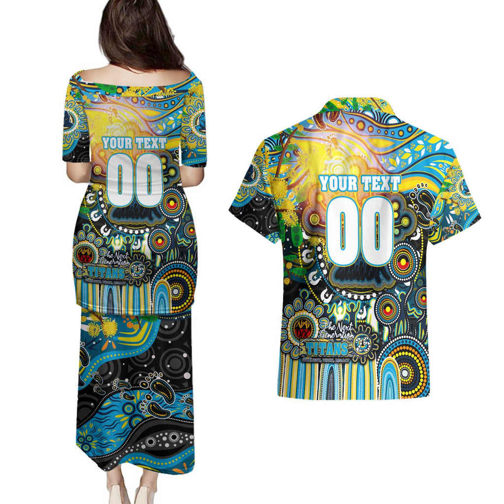 Personalised NAIDOC Week 2025 Titans Rugby Couples Matching Puletasi and Hawaiian Shirt Aboriginal Dot Painting