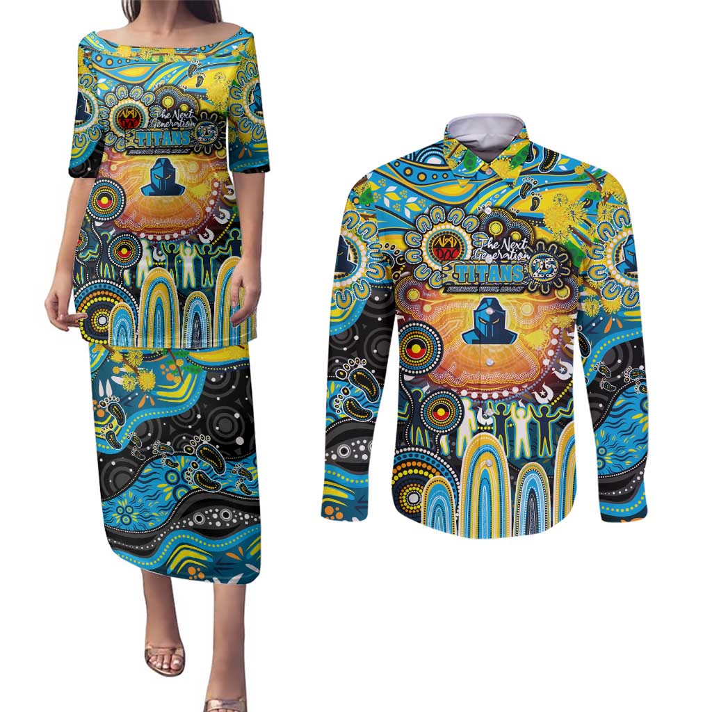 Personalised NAIDOC Week 2025 Titans Rugby Couples Matching Puletasi and Long Sleeve Button Shirt Aboriginal Dot Painting