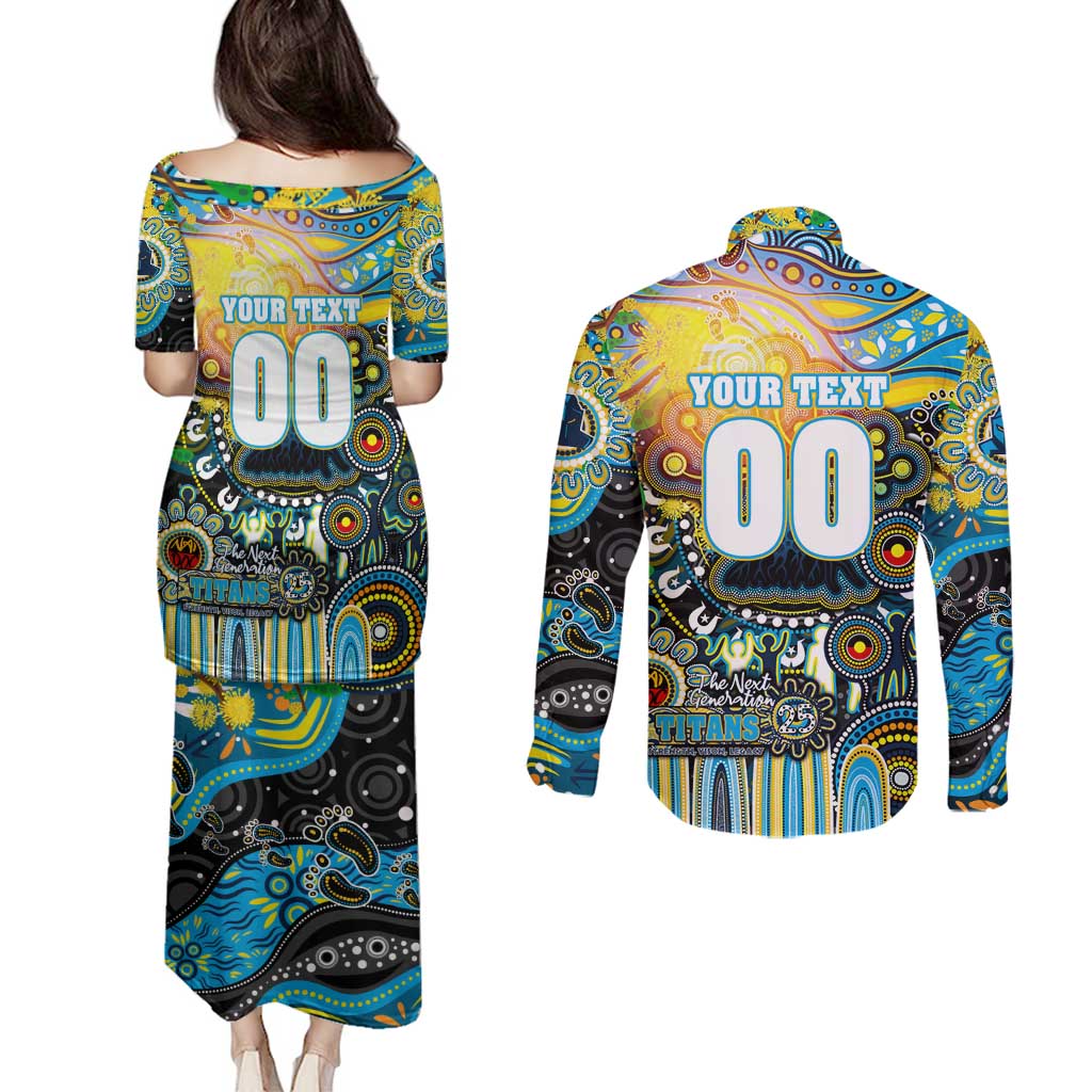 Personalised NAIDOC Week 2025 Titans Rugby Couples Matching Puletasi and Long Sleeve Button Shirt Aboriginal Dot Painting