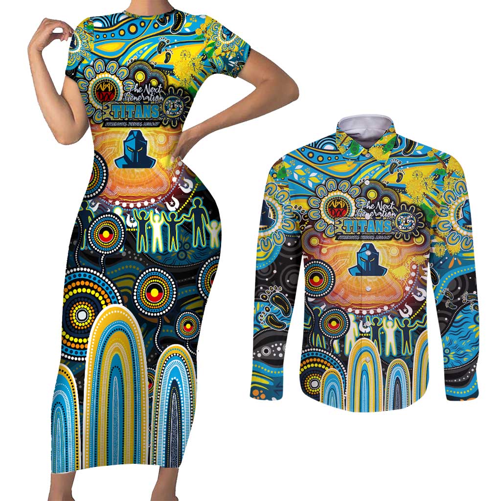 Personalised NAIDOC Week 2025 Titans Rugby Couples Matching Short Sleeve Bodycon Dress and Long Sleeve Button Shirt Aboriginal Dot Painting