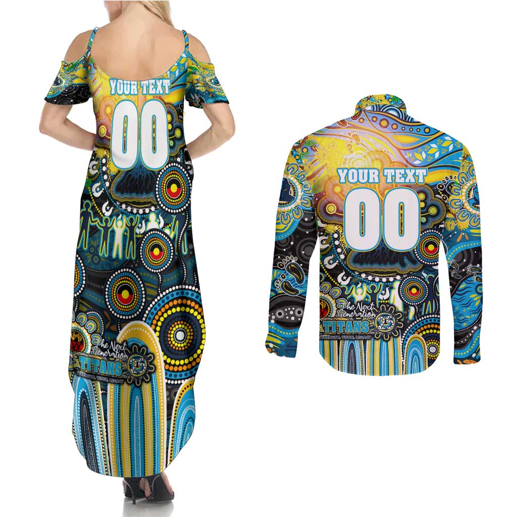 Personalised NAIDOC Week 2025 Titans Rugby Couples Matching Summer Maxi Dress and Long Sleeve Button Shirt Aboriginal Dot Painting