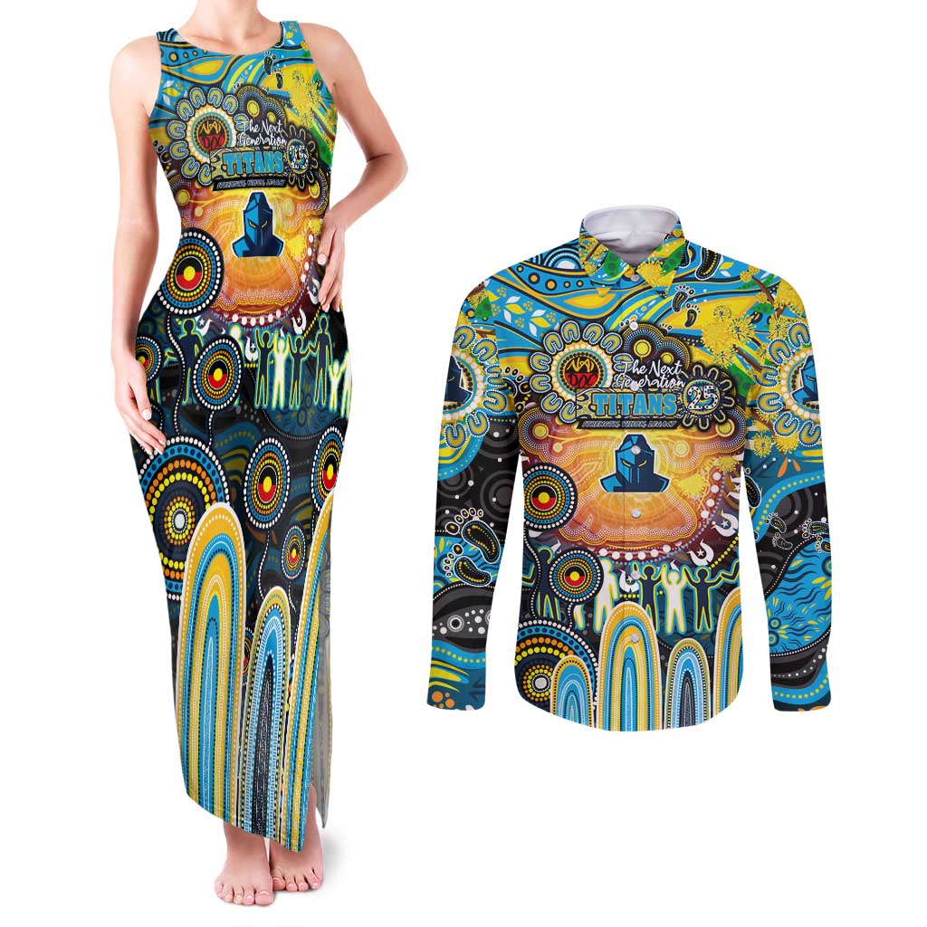 Personalised NAIDOC Week 2025 Titans Rugby Couples Matching Tank Maxi Dress and Long Sleeve Button Shirt Aboriginal Dot Painting