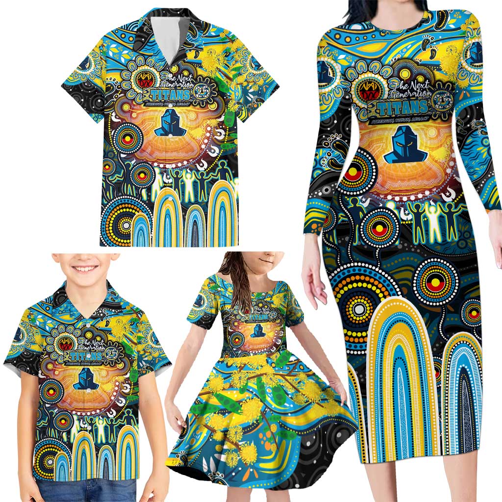 Personalised NAIDOC Week 2025 Titans Rugby Family Matching Long Sleeve Bodycon Dress and Hawaiian Shirt Aboriginal Dot Painting