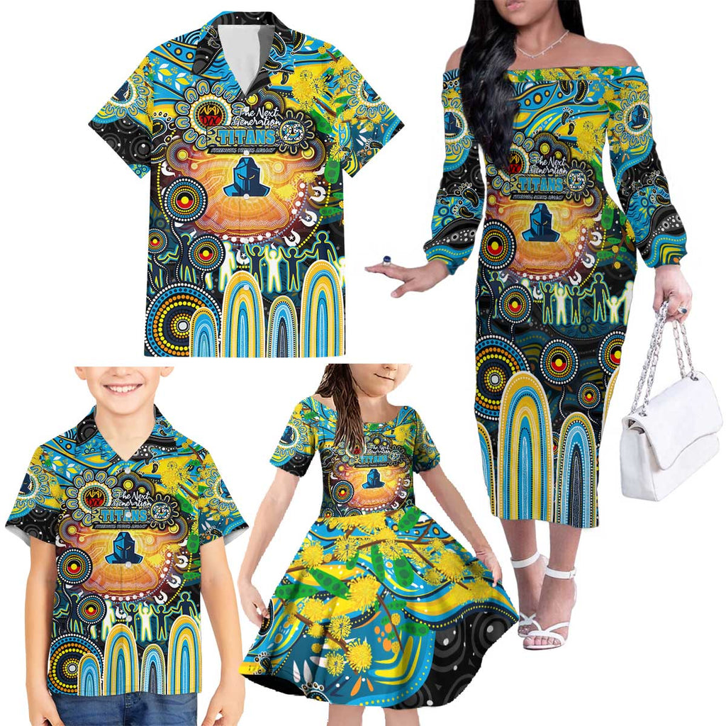 Personalised NAIDOC Week 2025 Titans Rugby Family Matching Off The Shoulder Long Sleeve Dress and Hawaiian Shirt Aboriginal Dot Painting