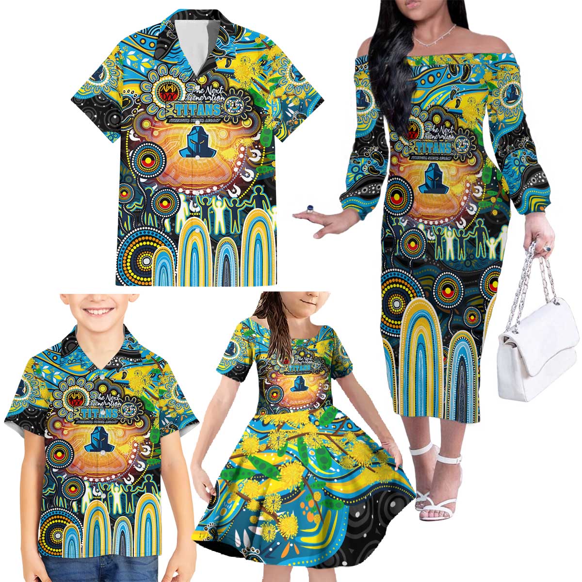 Personalised NAIDOC Week 2025 Titans Rugby Family Matching Off The Shoulder Long Sleeve Dress and Hawaiian Shirt Aboriginal Dot Painting