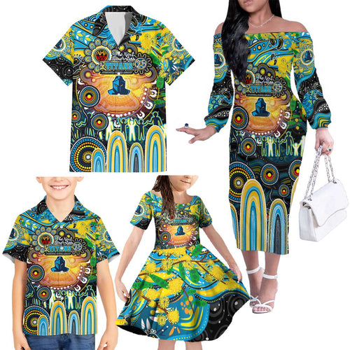 Personalised NAIDOC Week 2025 Titans Rugby Family Matching Off The Shoulder Long Sleeve Dress and Hawaiian Shirt Aboriginal Dot Painting