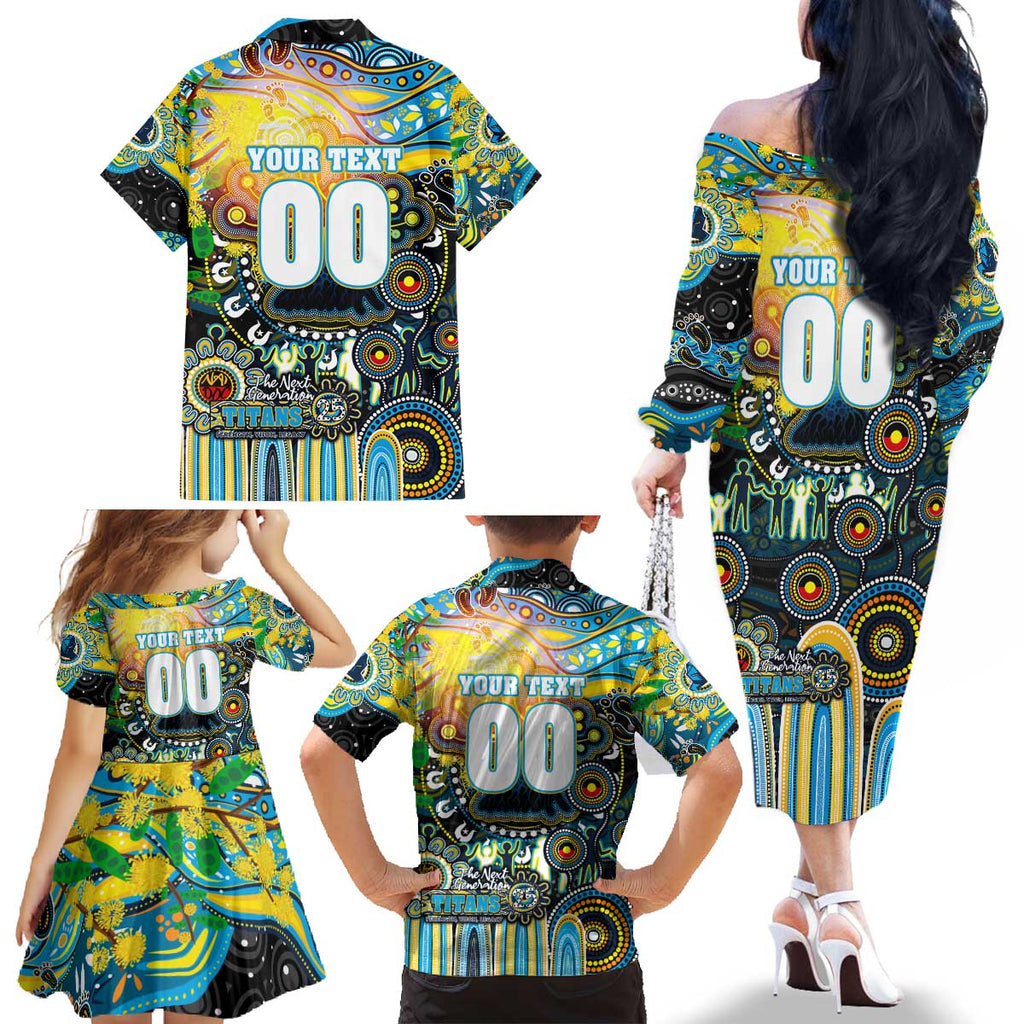 Personalised NAIDOC Week 2025 Titans Rugby Family Matching Off The Shoulder Long Sleeve Dress and Hawaiian Shirt Aboriginal Dot Painting