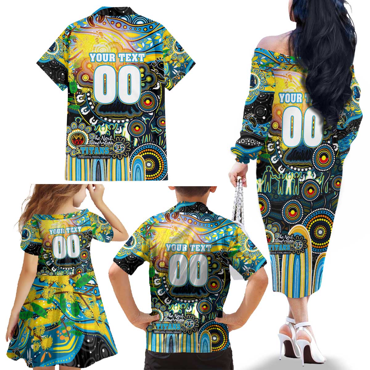 Personalised NAIDOC Week 2025 Titans Rugby Family Matching Off The Shoulder Long Sleeve Dress and Hawaiian Shirt Aboriginal Dot Painting