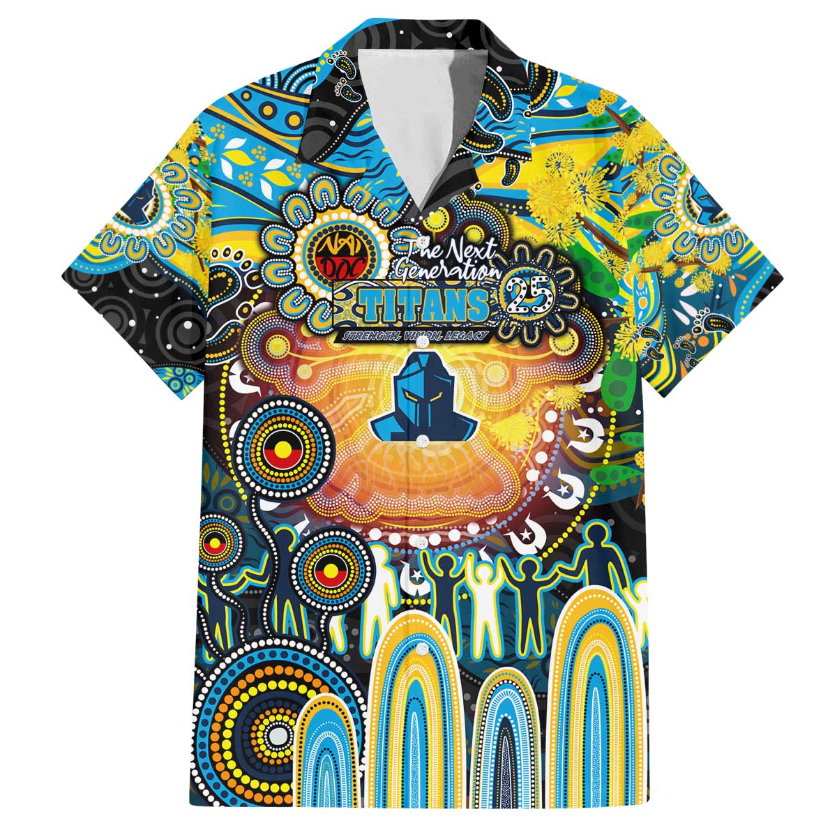 Personalised NAIDOC Week 2025 Titans Rugby Family Matching Off The Shoulder Long Sleeve Dress and Hawaiian Shirt Aboriginal Dot Painting