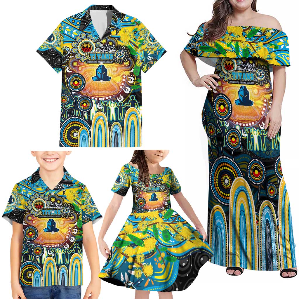 Personalised NAIDOC Week 2025 Titans Rugby Family Matching Off Shoulder Maxi Dress and Hawaiian Shirt Aboriginal Dot Painting