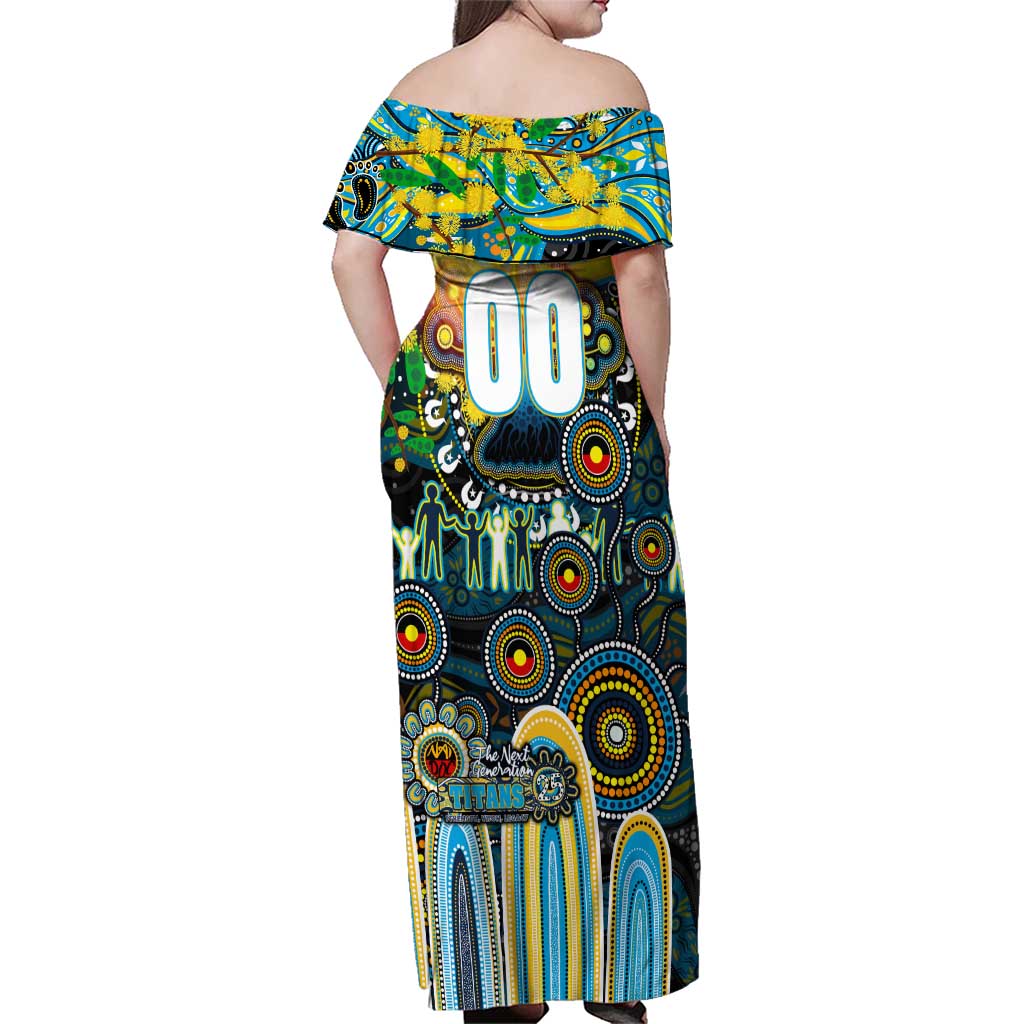 Personalised NAIDOC Week 2025 Titans Rugby Family Matching Off Shoulder Maxi Dress and Hawaiian Shirt Aboriginal Dot Painting