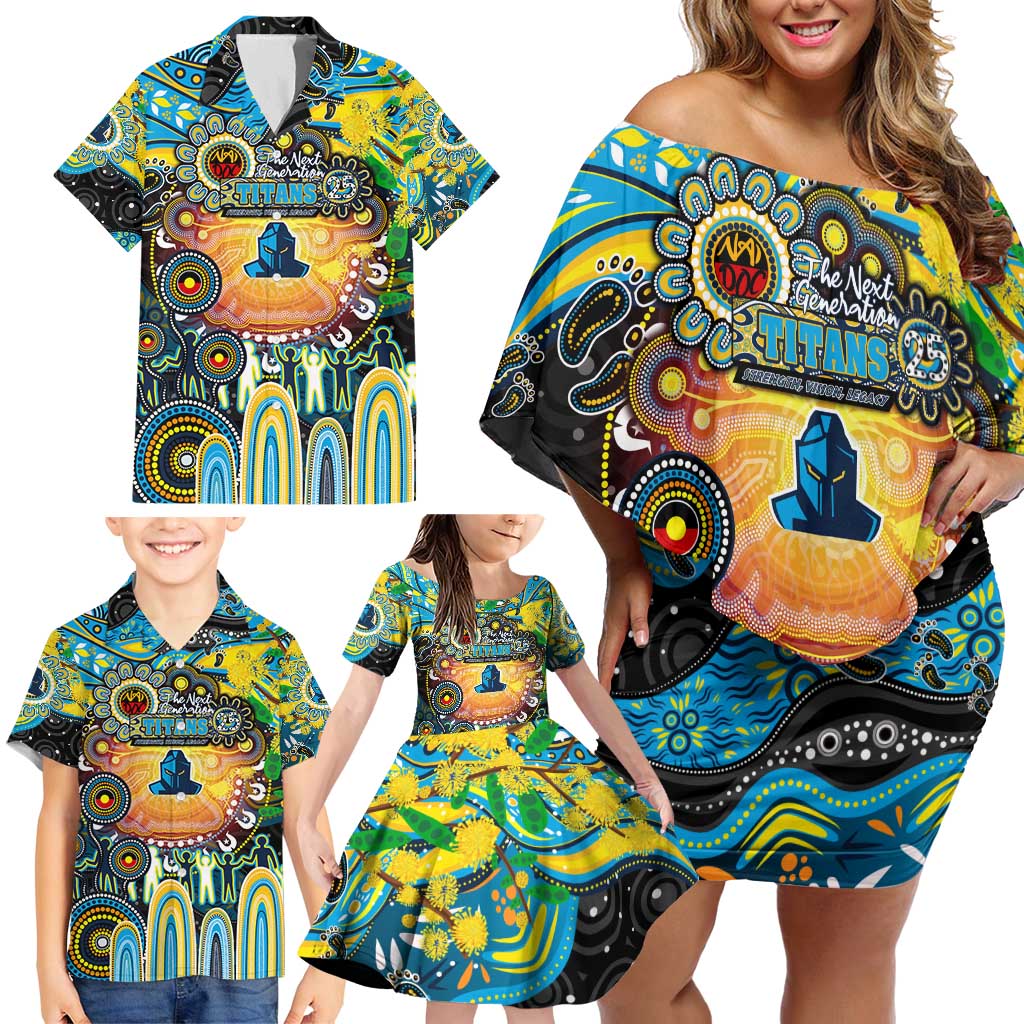 Personalised NAIDOC Week 2025 Titans Rugby Family Matching Off Shoulder Short Dress and Hawaiian Shirt Aboriginal Dot Painting