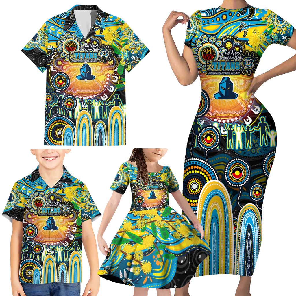 Personalised NAIDOC Week 2025 Titans Rugby Family Matching Short Sleeve Bodycon Dress and Hawaiian Shirt Aboriginal Dot Painting
