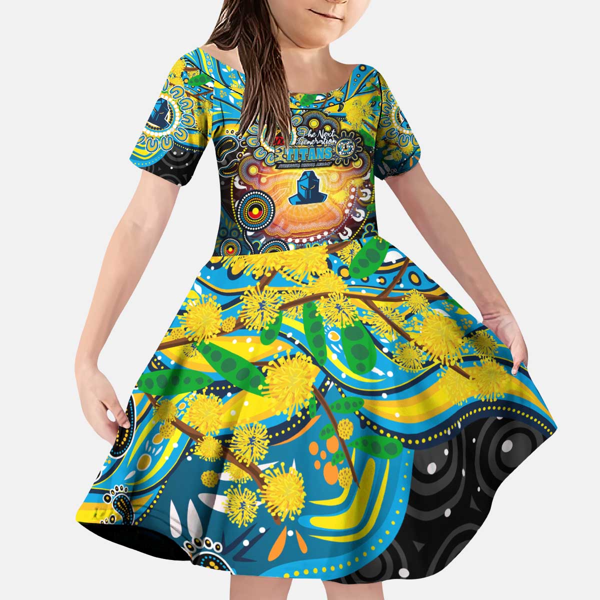 Personalised NAIDOC Week 2025 Titans Rugby Kid Short Sleeve Dress Aboriginal Dot Painting