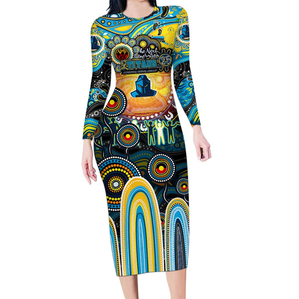 Personalised NAIDOC Week 2025 Titans Rugby Long Sleeve Bodycon Dress Aboriginal Dot Painting