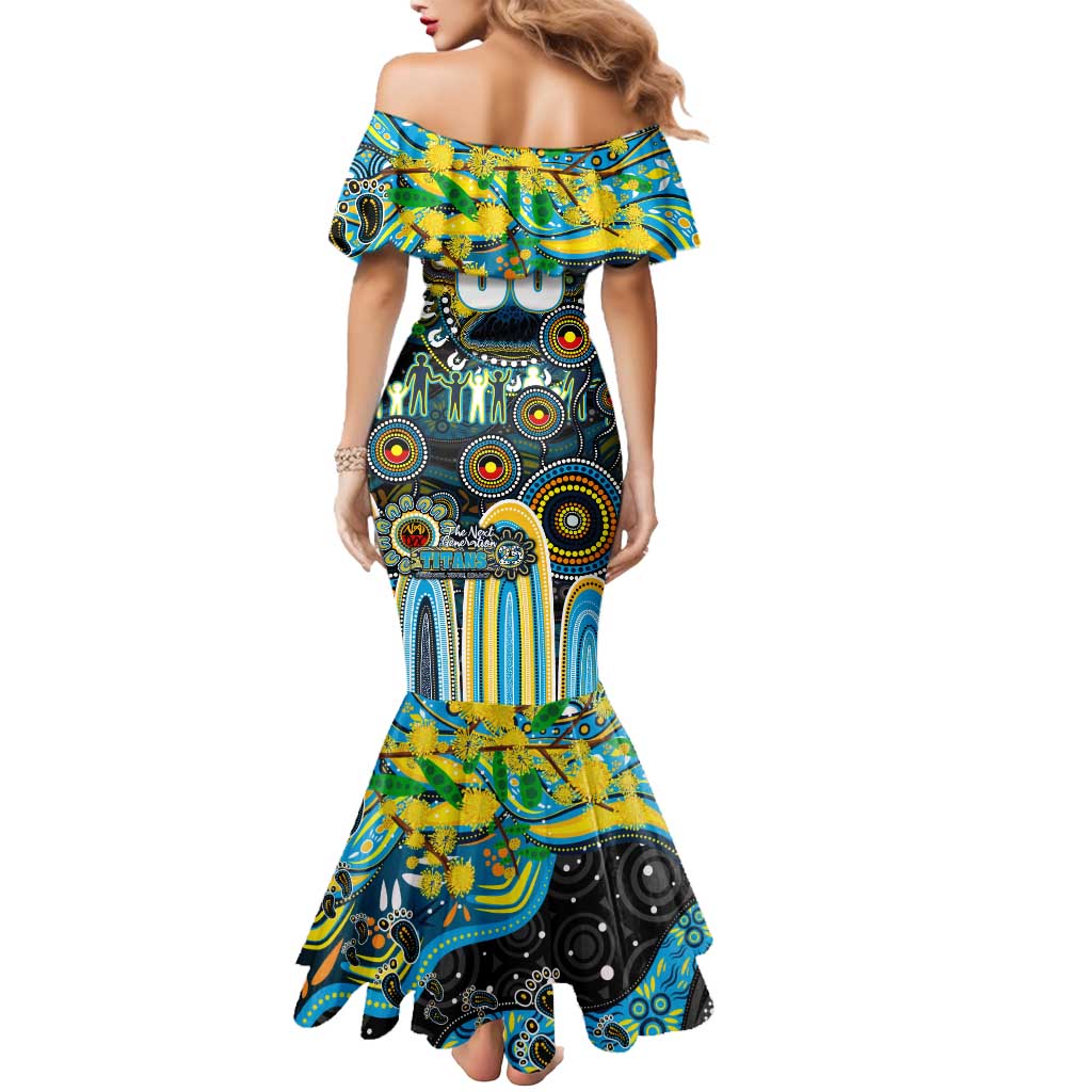 Personalised NAIDOC Week 2025 Titans Rugby Mermaid Dress Aboriginal Dot Painting