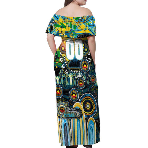 Personalised NAIDOC Week 2025 Titans Rugby Off Shoulder Maxi Dress Aboriginal Dot Painting