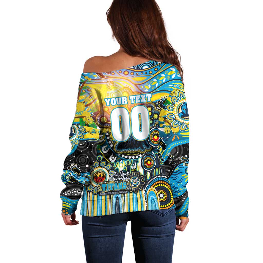 Personalised NAIDOC Week 2025 Titans Rugby Off Shoulder Sweater Aboriginal Dot Painting