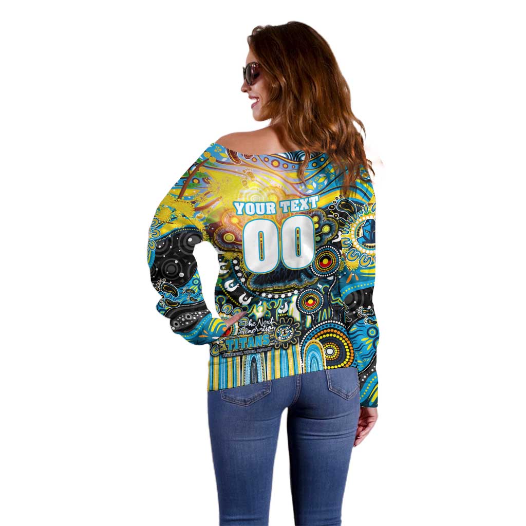 Personalised NAIDOC Week 2025 Titans Rugby Off Shoulder Sweater Aboriginal Dot Painting