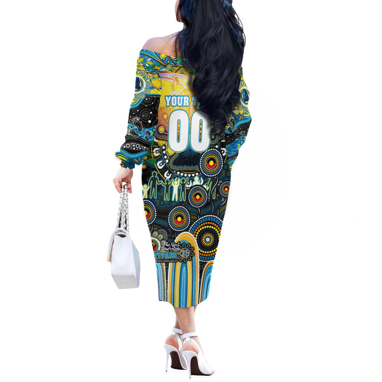 Personalised NAIDOC Week 2025 Titans Rugby Off The Shoulder Long Sleeve Dress Aboriginal Dot Painting