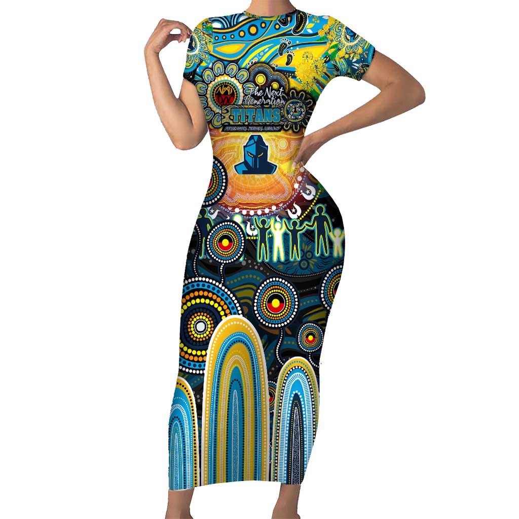 Personalised NAIDOC Week 2025 Titans Rugby Short Sleeve Bodycon Dress Aboriginal Dot Painting