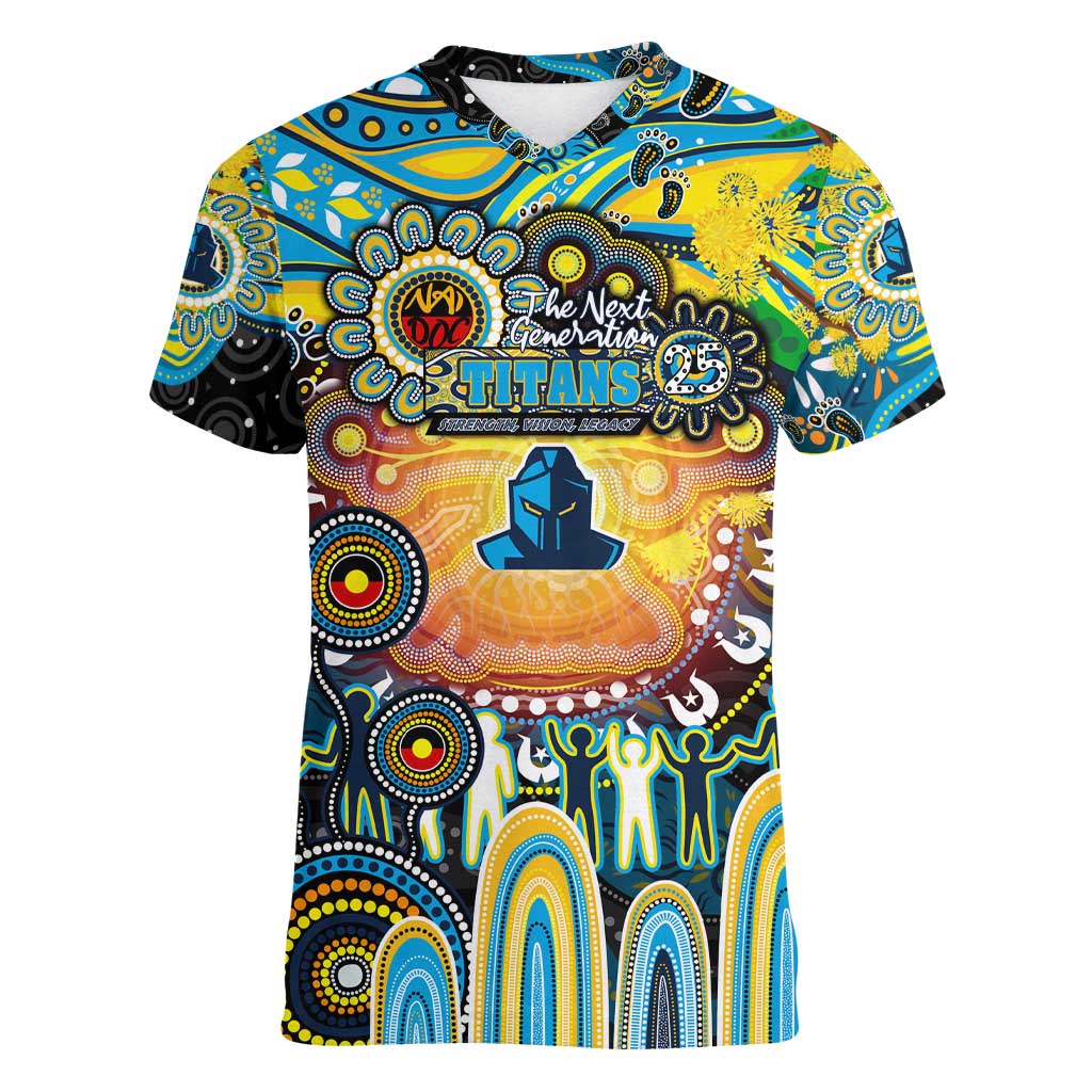 Personalised NAIDOC Week 2025 Titans Rugby Women V-Neck T-Shirt Aboriginal Dot Painting