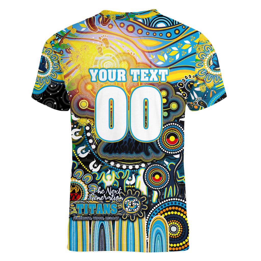 Personalised NAIDOC Week 2025 Titans Rugby Women V-Neck T-Shirt Aboriginal Dot Painting