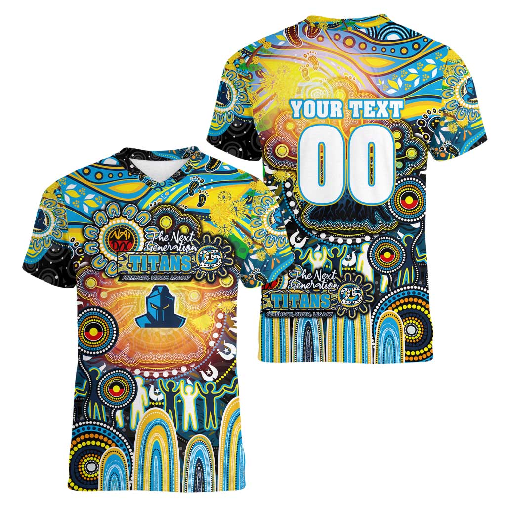 Personalised NAIDOC Week 2025 Titans Rugby Women V-Neck T-Shirt Aboriginal Dot Painting