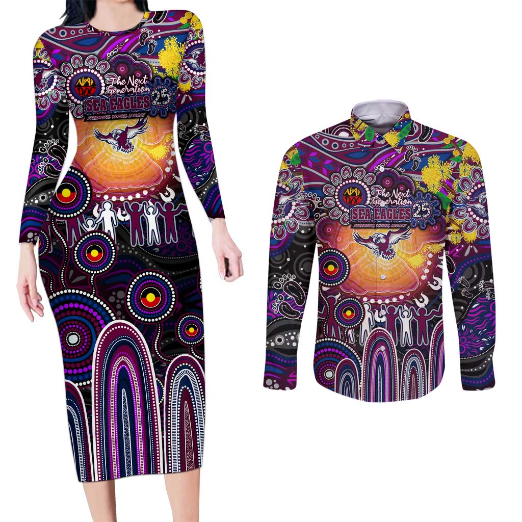 Personalised NAIDOC Week 2025 Sea Eagles Rugby Couples Matching Long Sleeve Bodycon Dress and Long Sleeve Button Shirt Aboriginal Dot Painting