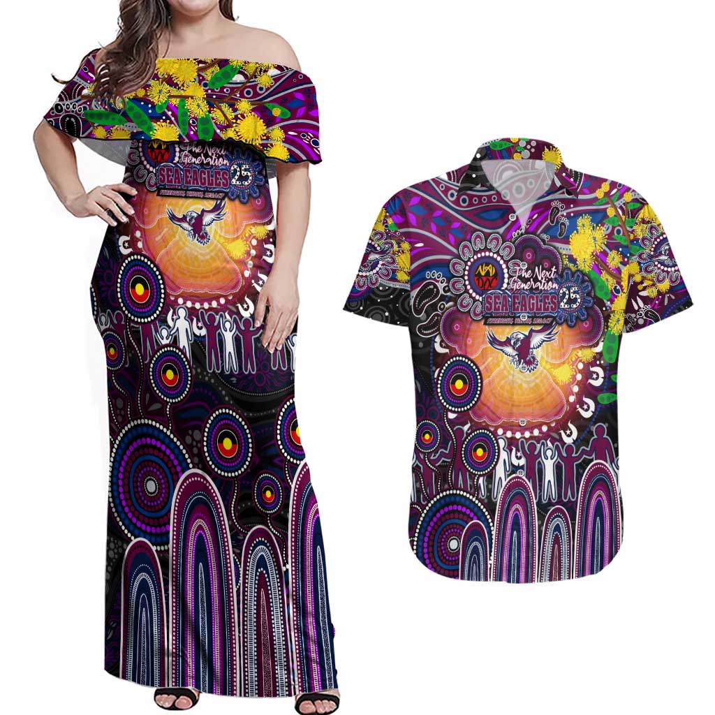 Personalised NAIDOC Week 2025 Sea Eagles Rugby Couples Matching Off Shoulder Maxi Dress and Hawaiian Shirt Aboriginal Dot Painting