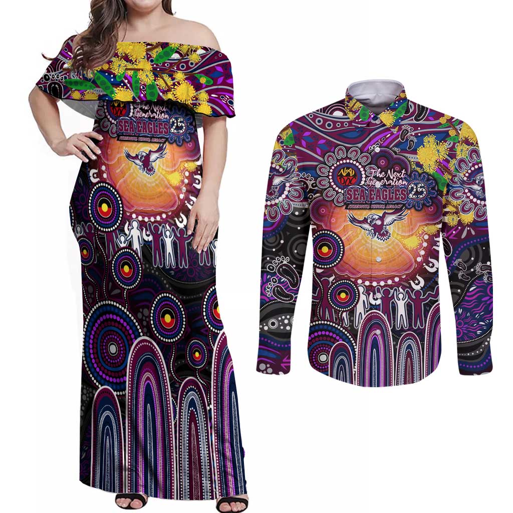 Personalised NAIDOC Week 2025 Sea Eagles Rugby Couples Matching Off Shoulder Maxi Dress and Long Sleeve Button Shirt Aboriginal Dot Painting