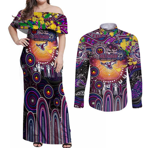 Personalised NAIDOC Week 2025 Sea Eagles Rugby Couples Matching Off Shoulder Maxi Dress and Long Sleeve Button Shirt Aboriginal Dot Painting
