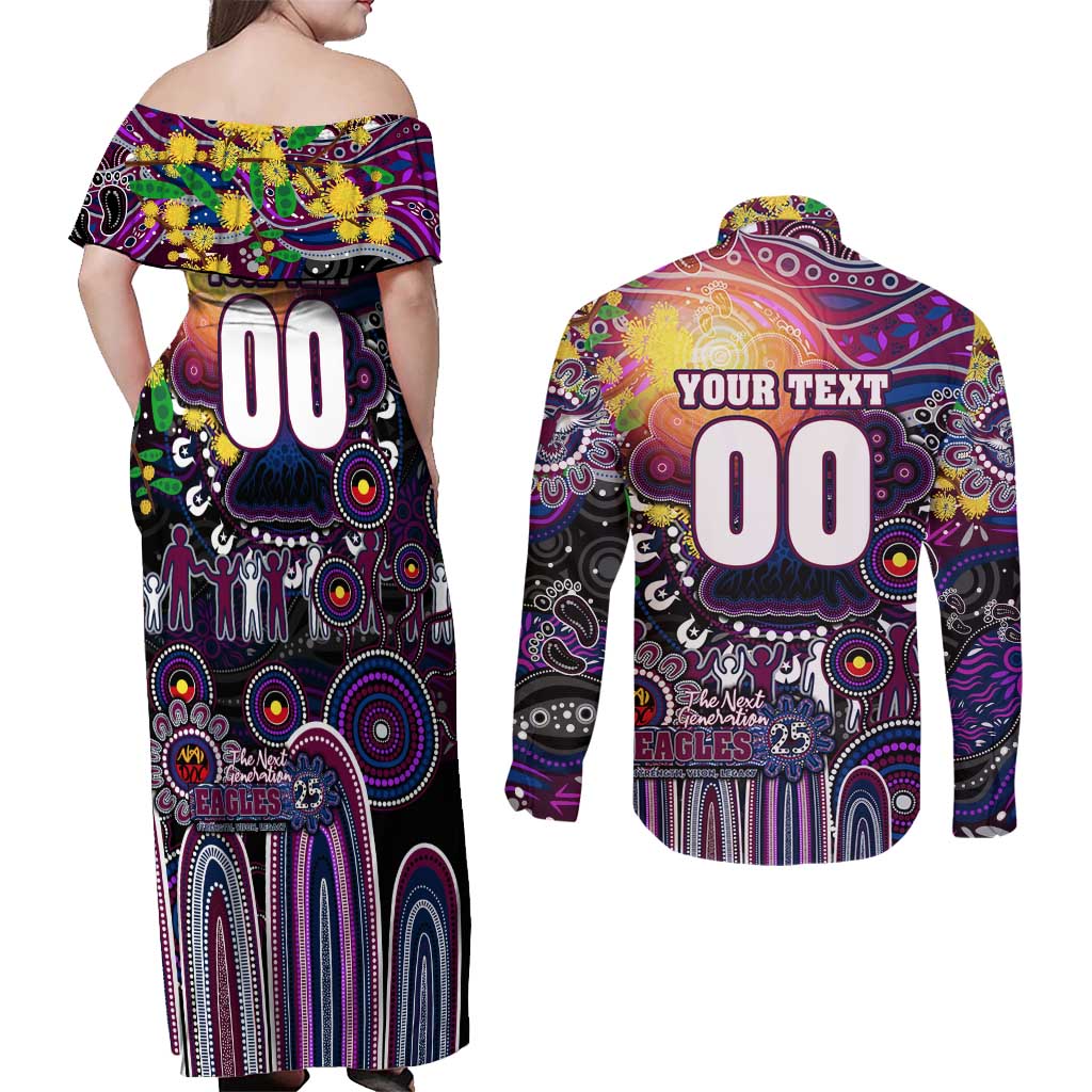 Personalised NAIDOC Week 2025 Sea Eagles Rugby Couples Matching Off Shoulder Maxi Dress and Long Sleeve Button Shirt Aboriginal Dot Painting