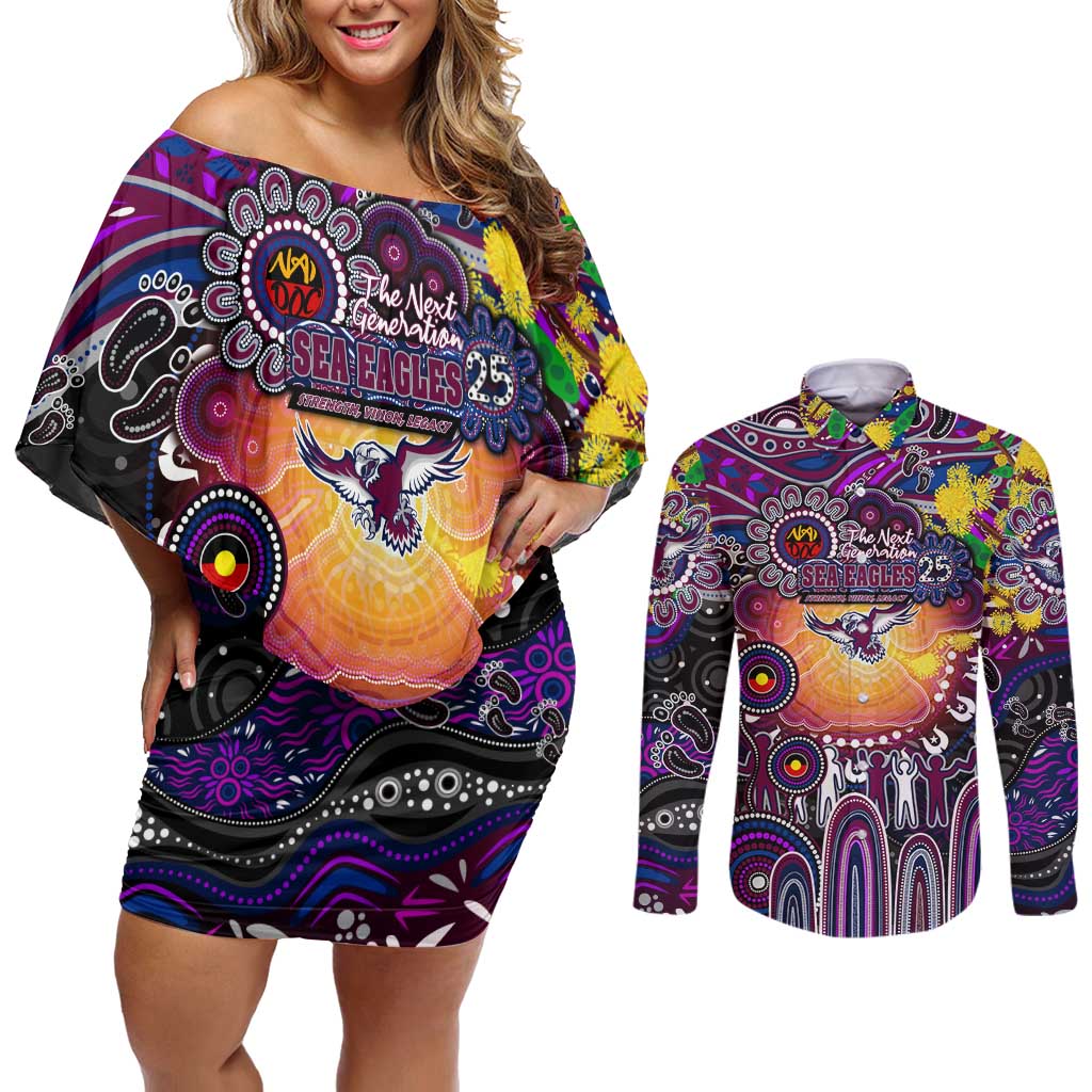 Personalised NAIDOC Week 2025 Sea Eagles Rugby Couples Matching Off Shoulder Short Dress and Long Sleeve Button Shirt Aboriginal Dot Painting