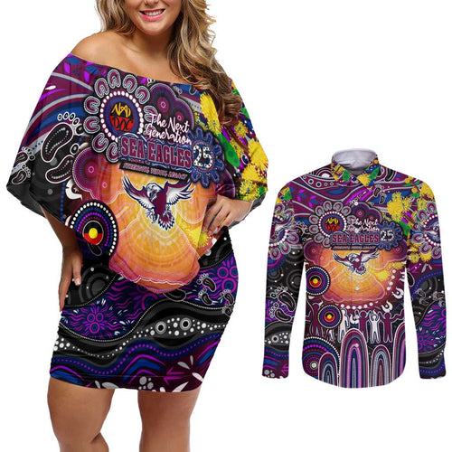 Personalised NAIDOC Week 2025 Sea Eagles Rugby Couples Matching Off Shoulder Short Dress and Long Sleeve Button Shirt Aboriginal Dot Painting
