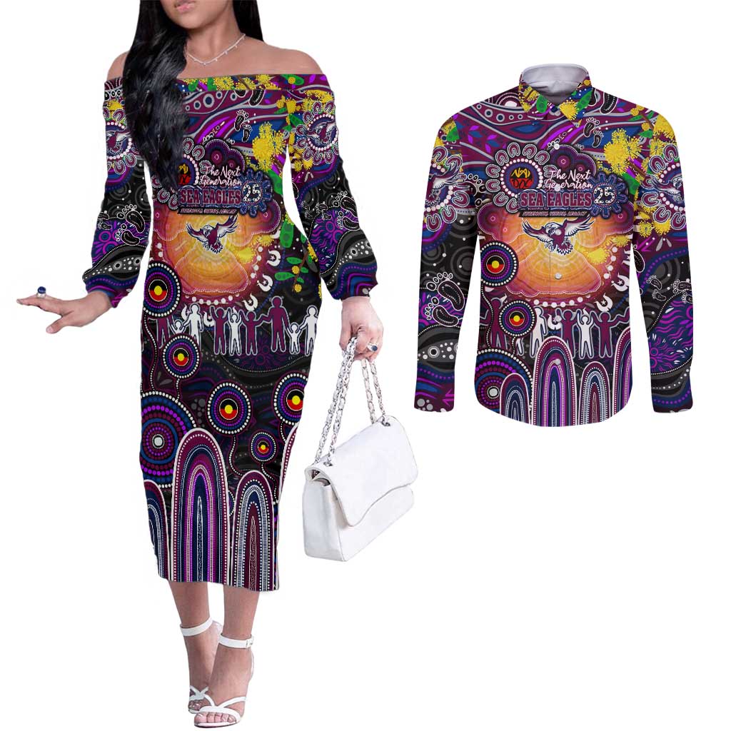 Personalised NAIDOC Week 2025 Sea Eagles Rugby Couples Matching Off The Shoulder Long Sleeve Dress and Long Sleeve Button Shirt Aboriginal Dot Painting