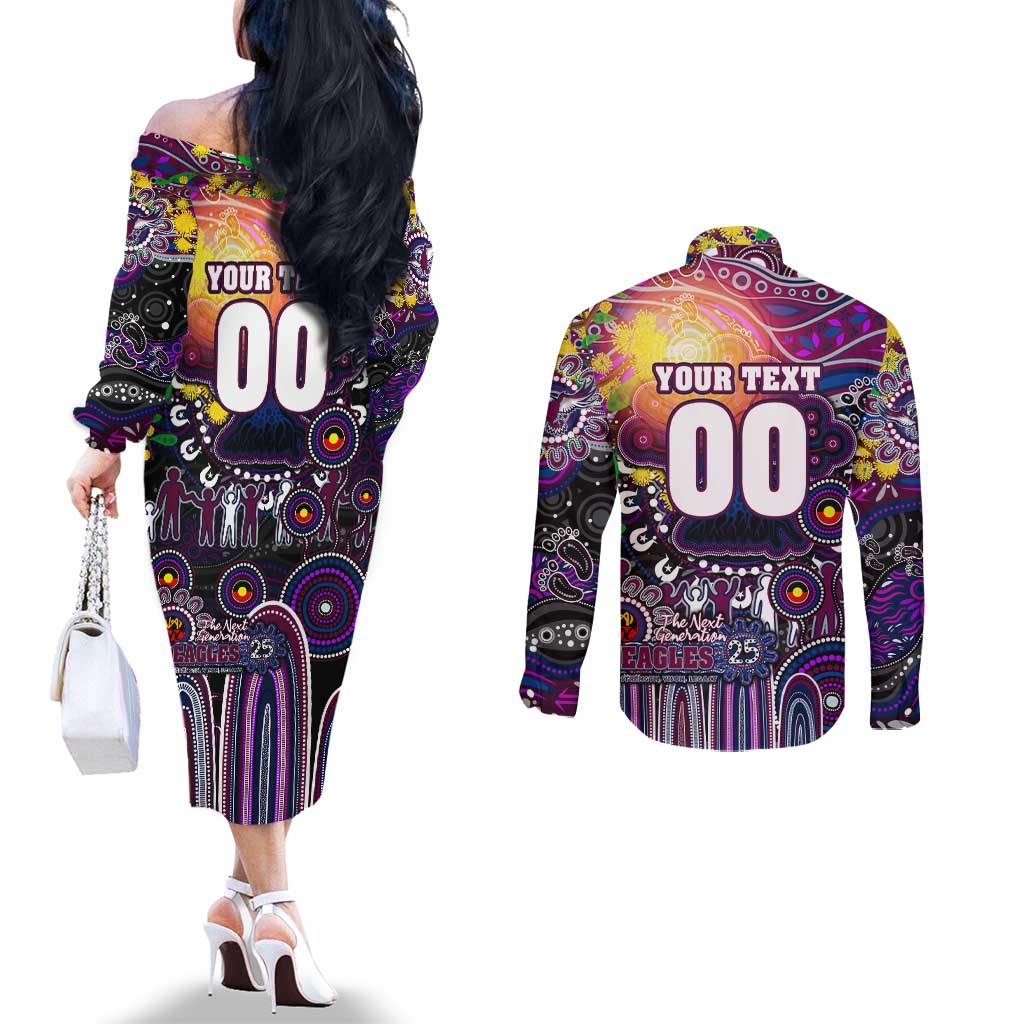Personalised NAIDOC Week 2025 Sea Eagles Rugby Couples Matching Off The Shoulder Long Sleeve Dress and Long Sleeve Button Shirt Aboriginal Dot Painting
