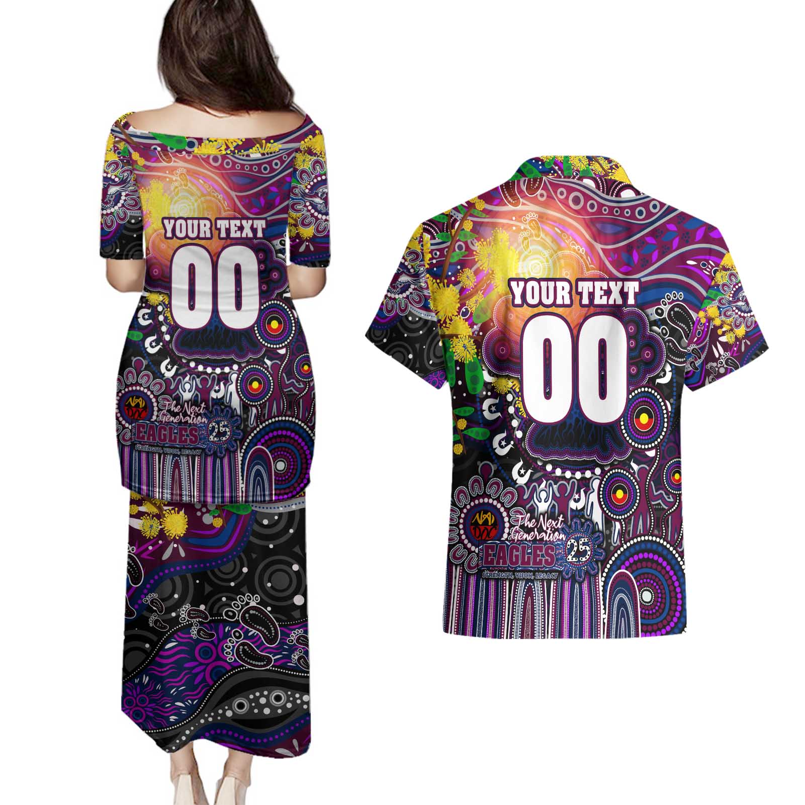 Personalised NAIDOC Week 2025 Sea Eagles Rugby Couples Matching Puletasi and Hawaiian Shirt Aboriginal Dot Painting