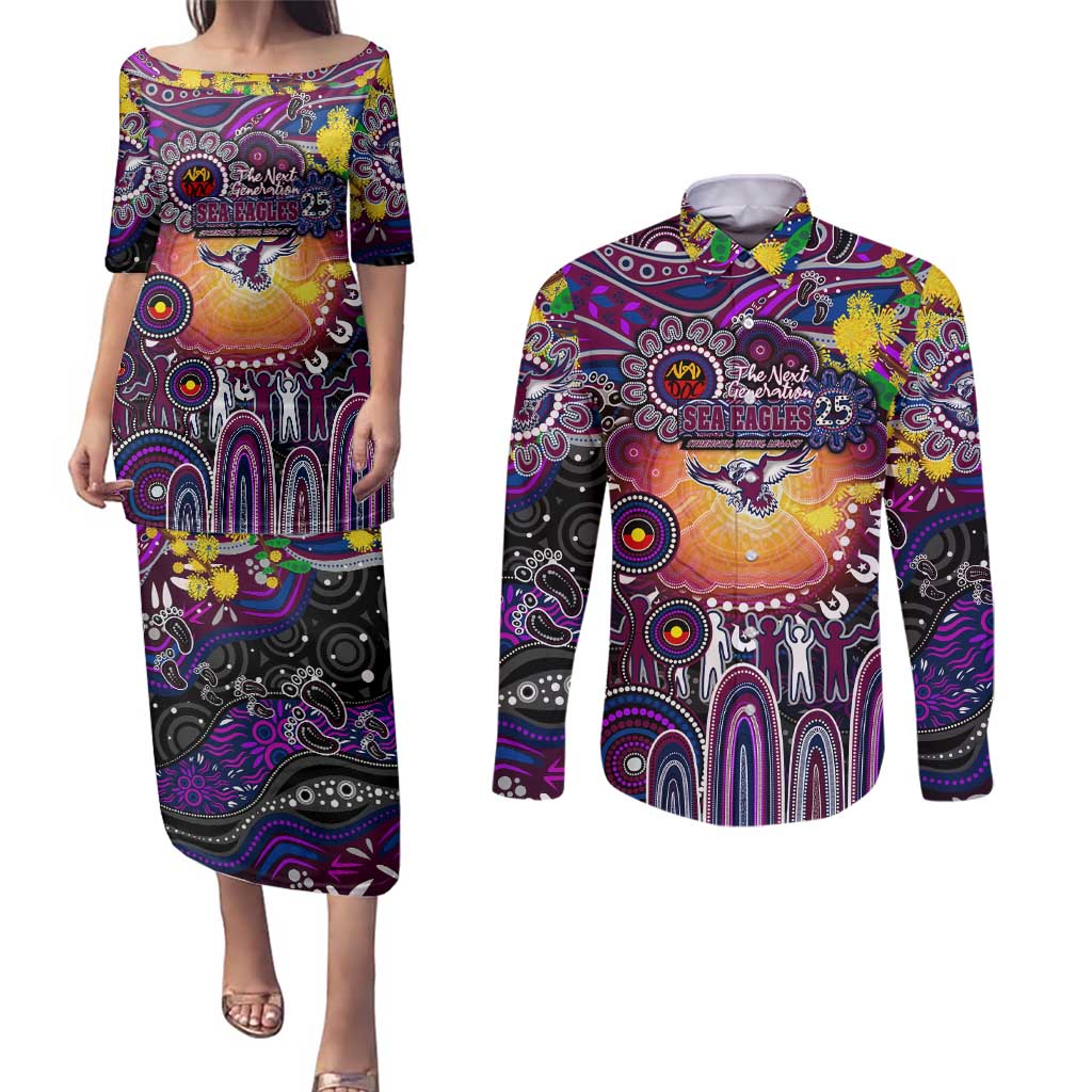 Personalised NAIDOC Week 2025 Sea Eagles Rugby Couples Matching Puletasi and Long Sleeve Button Shirt Aboriginal Dot Painting