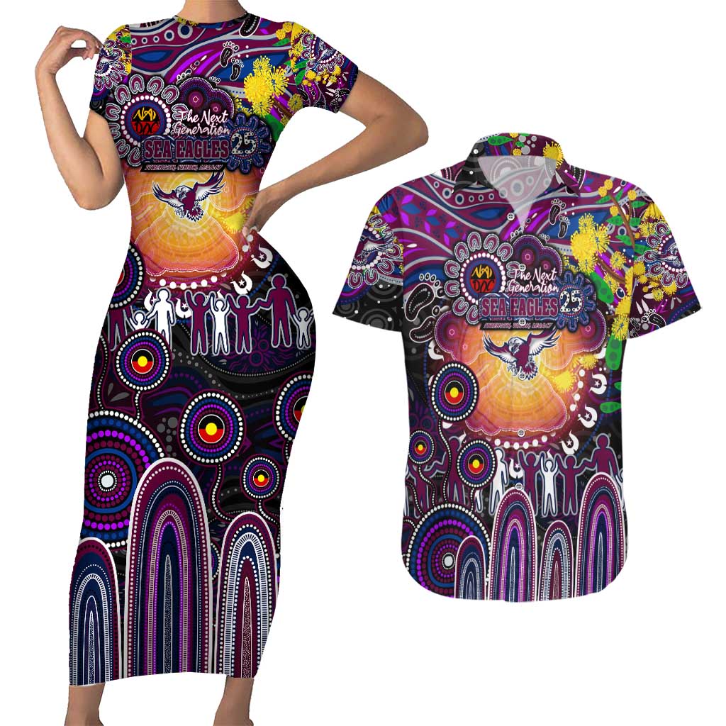 Personalised NAIDOC Week 2025 Sea Eagles Rugby Couples Matching Short Sleeve Bodycon Dress and Hawaiian Shirt Aboriginal Dot Painting