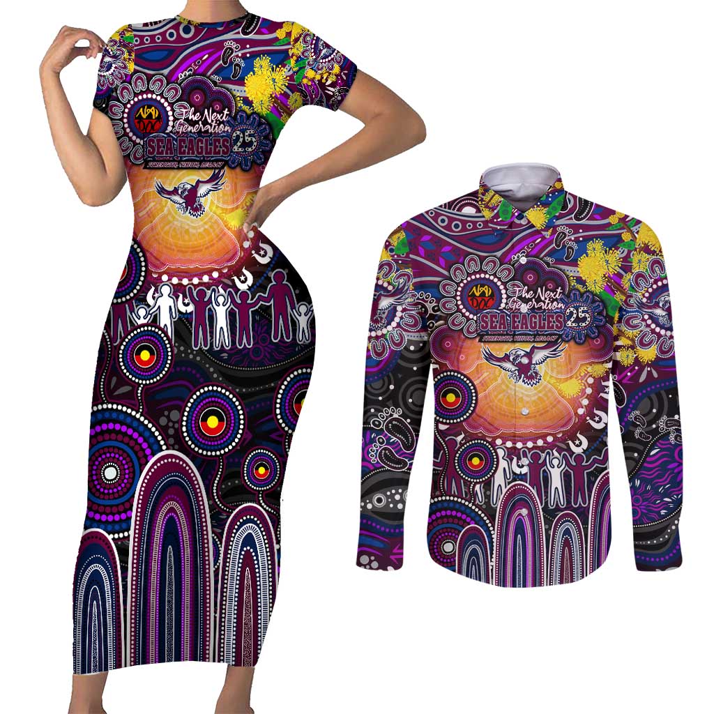 Personalised NAIDOC Week 2025 Sea Eagles Rugby Couples Matching Short Sleeve Bodycon Dress and Long Sleeve Button Shirt Aboriginal Dot Painting