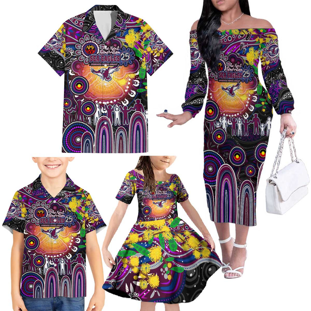 Personalised NAIDOC Week 2025 Sea Eagles Rugby Family Matching Off The Shoulder Long Sleeve Dress and Hawaiian Shirt Aboriginal Dot Painting