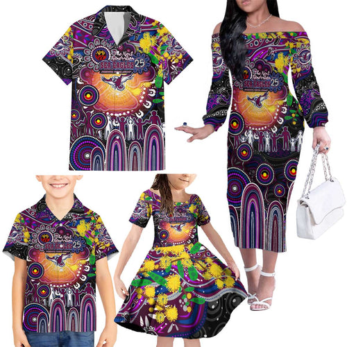 Personalised NAIDOC Week 2025 Sea Eagles Rugby Family Matching Off The Shoulder Long Sleeve Dress and Hawaiian Shirt Aboriginal Dot Painting