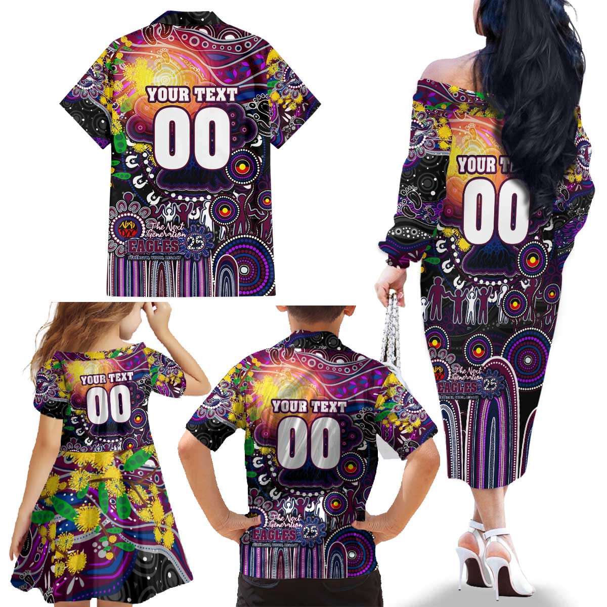 Personalised NAIDOC Week 2025 Sea Eagles Rugby Family Matching Off The Shoulder Long Sleeve Dress and Hawaiian Shirt Aboriginal Dot Painting