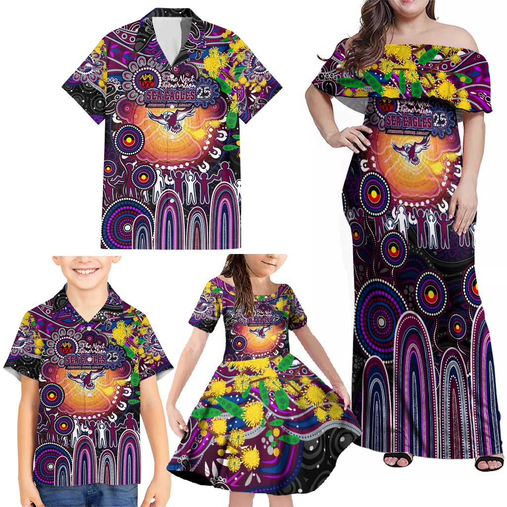 Personalised NAIDOC Week 2025 Sea Eagles Rugby Family Matching Off Shoulder Maxi Dress and Hawaiian Shirt Aboriginal Dot Painting
