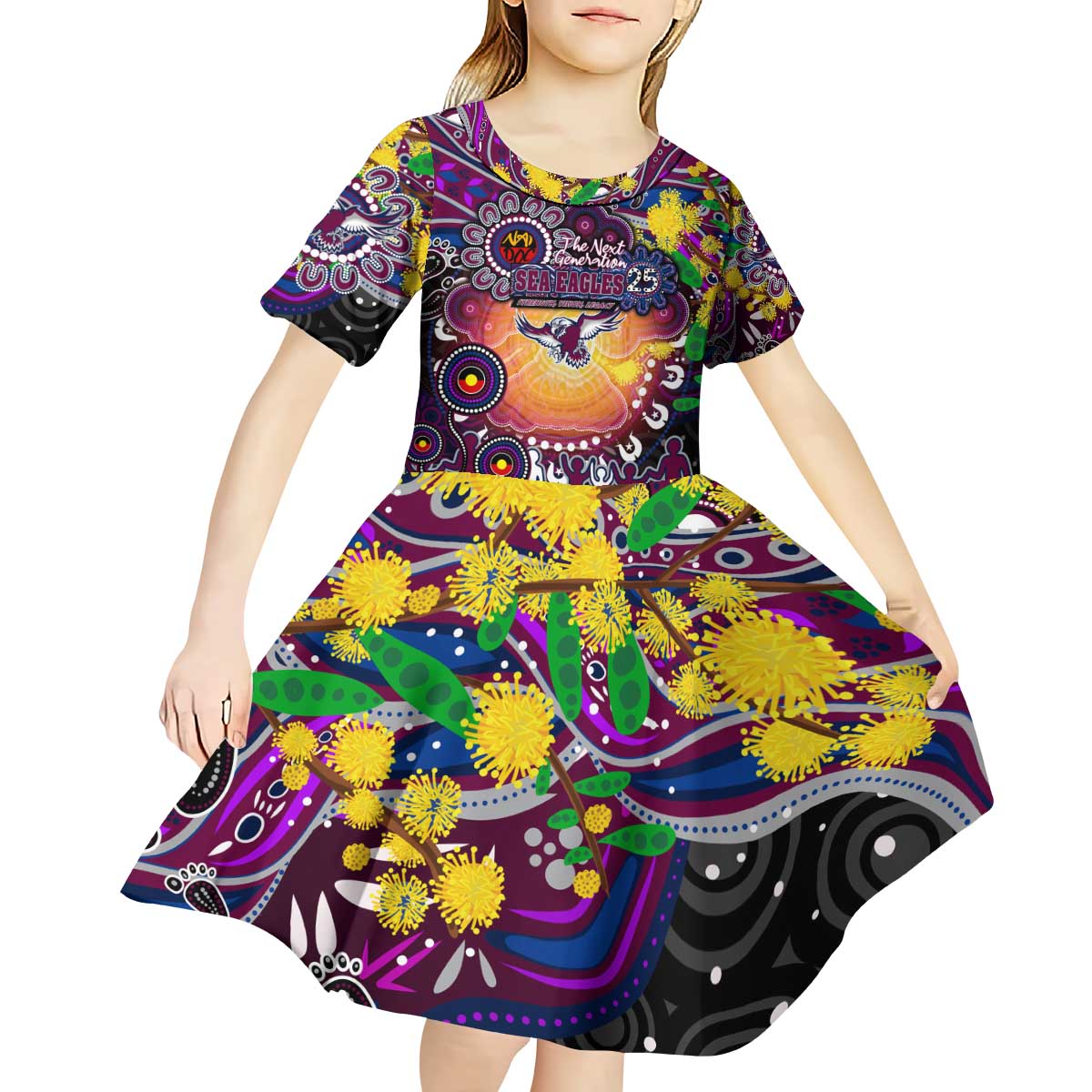 Personalised NAIDOC Week 2025 Sea Eagles Rugby Kid Short Sleeve Dress Aboriginal Dot Painting